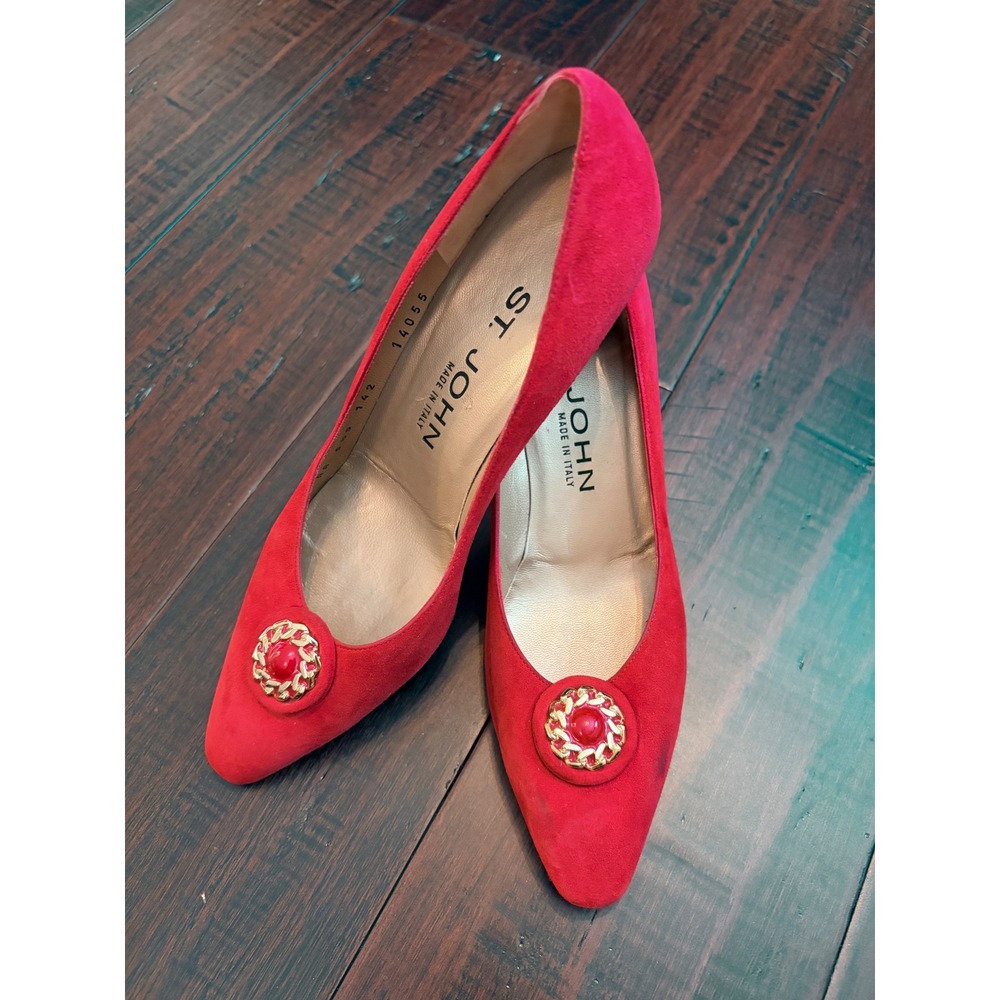 Vintage St John Red Suede Pointed Toe Pumps Gold Medallion Heels made in Italy